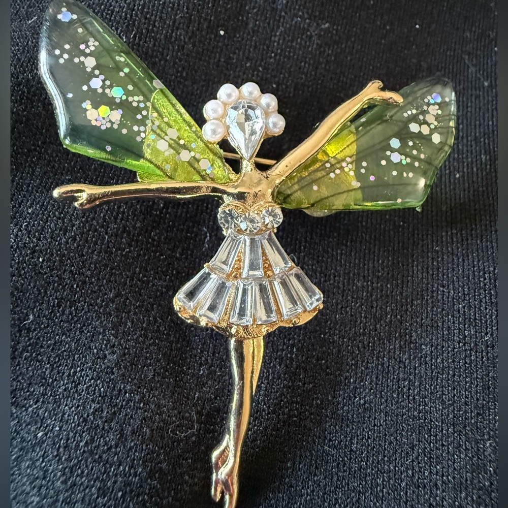 Fairy Brooch with Green Wings and Gold Accents